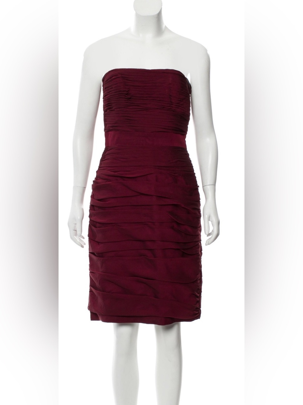 Monique Lhuillier Strapless Ruched Midi Dress in Burgundy